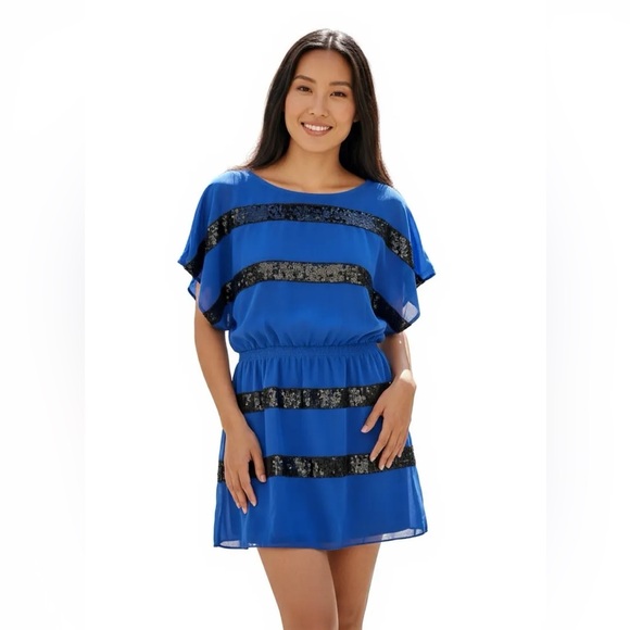 JESSICA SIMPSON Sheer Cobalt Blue & Black Sequin Stripes Mini Dress SZ SM - Picture 2 of 8